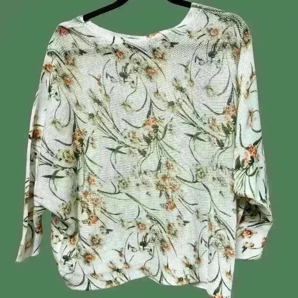 Collezioni Leonardo Sweater‎ Womens 1XL Ivory Floral Open Weave Dolman Sleeve